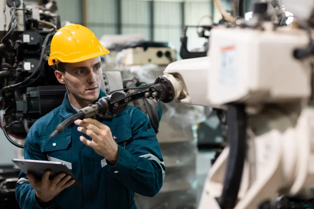 Operator met tablet bij een robotcel op de werkvloer