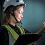 Medewerker met klembord en papieren werkbon bij een machine